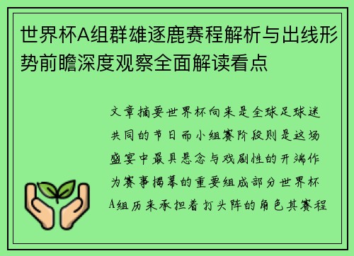 世界杯A组群雄逐鹿赛程解析与出线形势前瞻深度观察全面解读看点